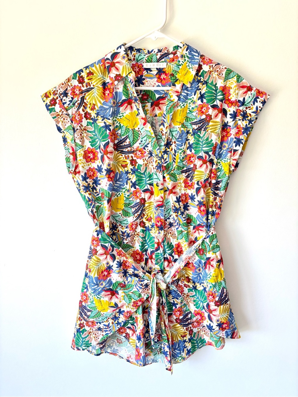 Karlie Mutli Floral Colorful Tropical Cotton Mini Dress Short Sleeve Faux Wrap